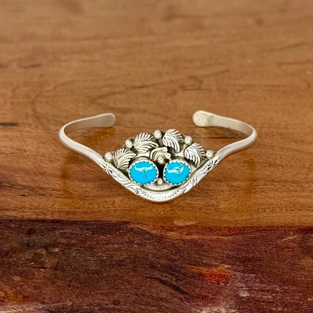 Sterling and Turquoise Cuff Bracelet Southwestern Navajo Jerry Cowboy Style